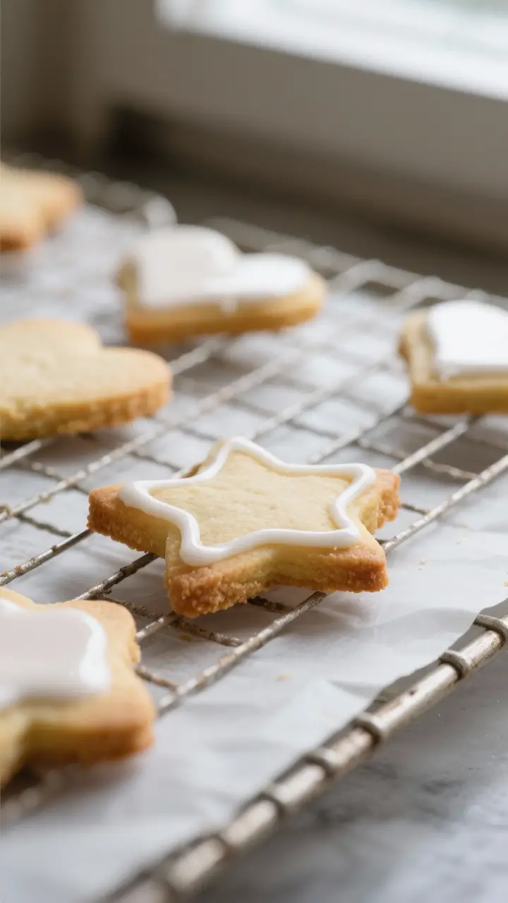 Close-up detail: Freshly baked cut-out sugar cookies cooling on a wire rack, edges barely golden wit