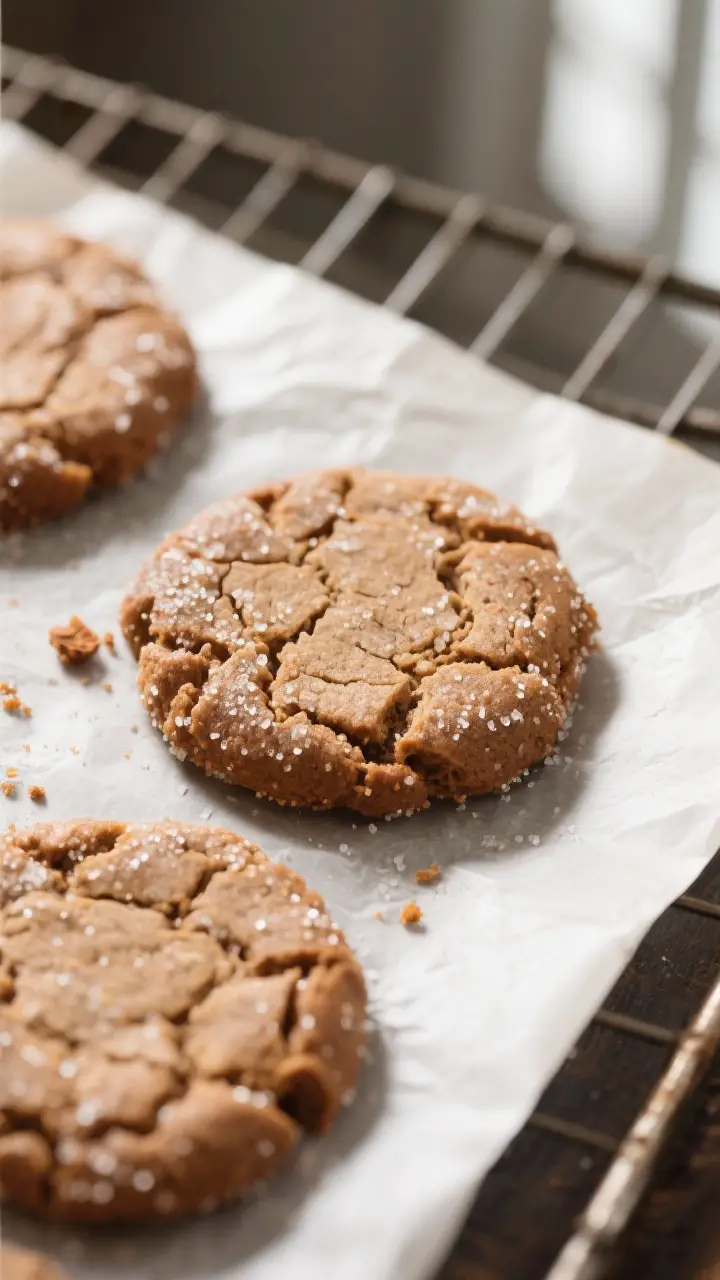 Close-up detail: Freshly baked ginger snaps just out of the oven on a parchment-lined sheet, tops dr