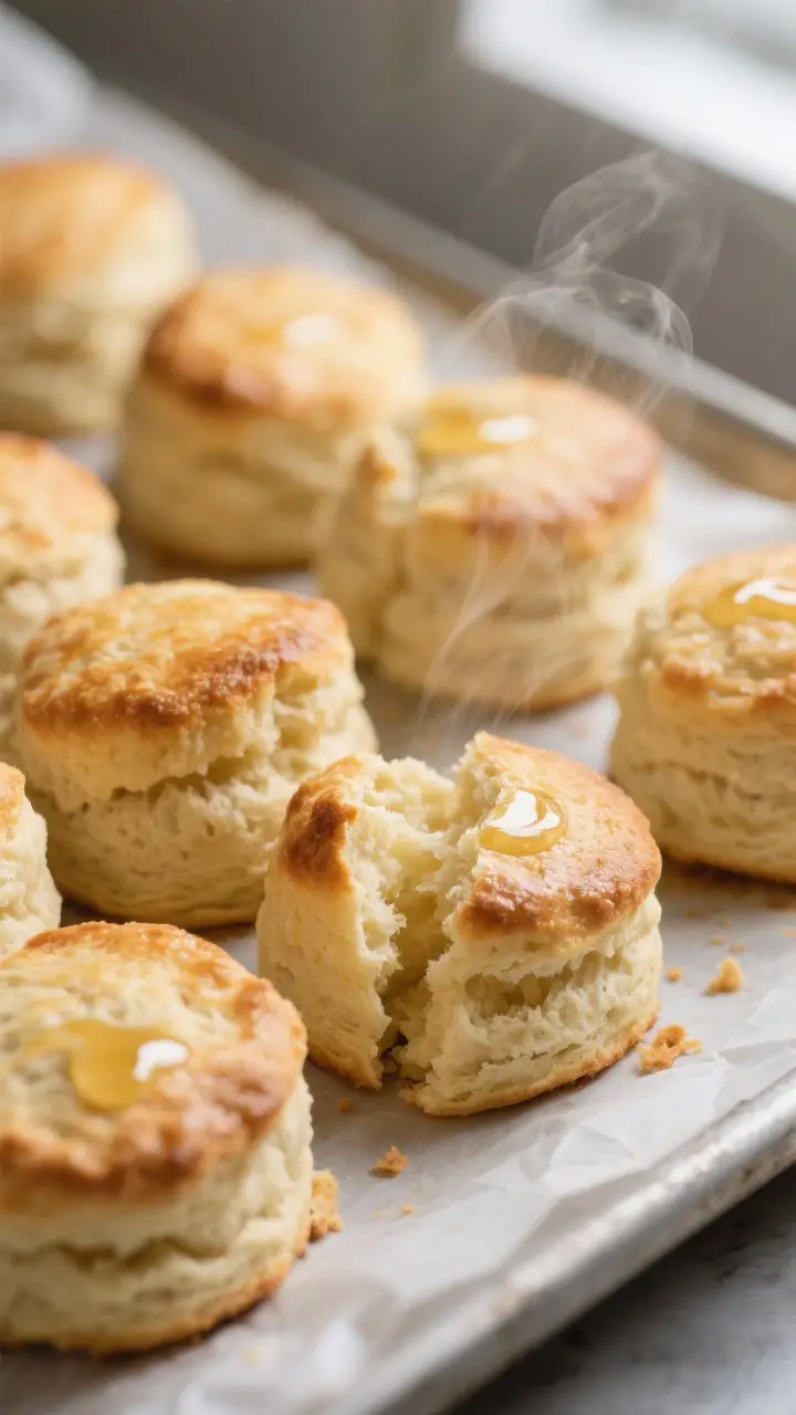 Close-up detail: Freshly baked Huff 'n Puff Potato Biscuits just out of the oven, arranged close tog