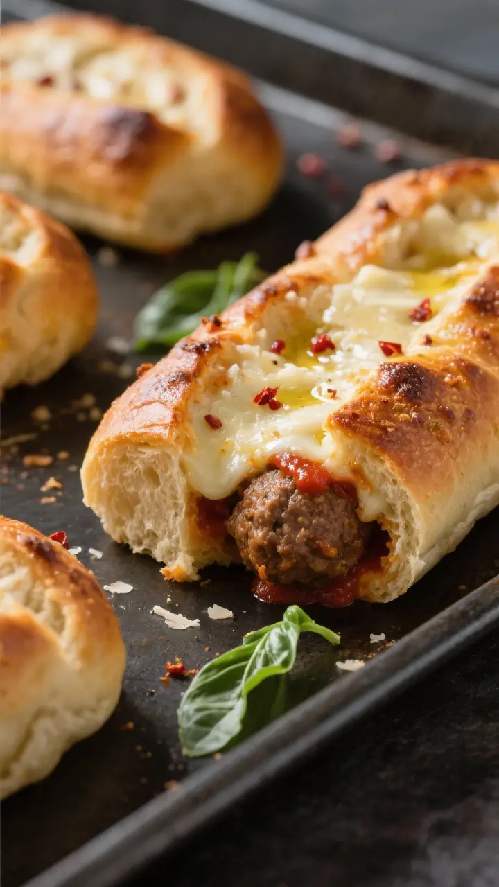 Close-up detail: Freshly baked Meatball Sub Bites just out of the oven, dough puffed and golden with
