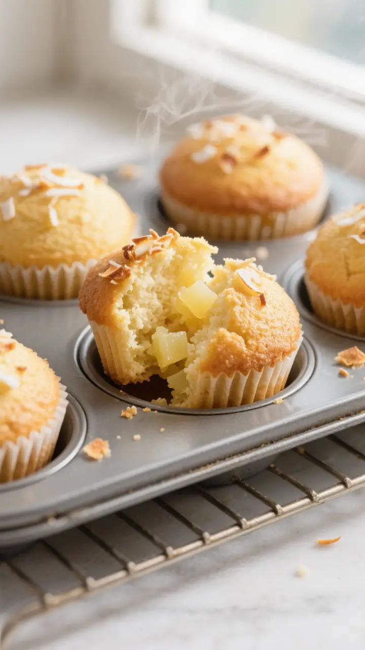 Close-up detail: Freshly baked piña colada cupcakes just out of the oven, golden domed tops with a 