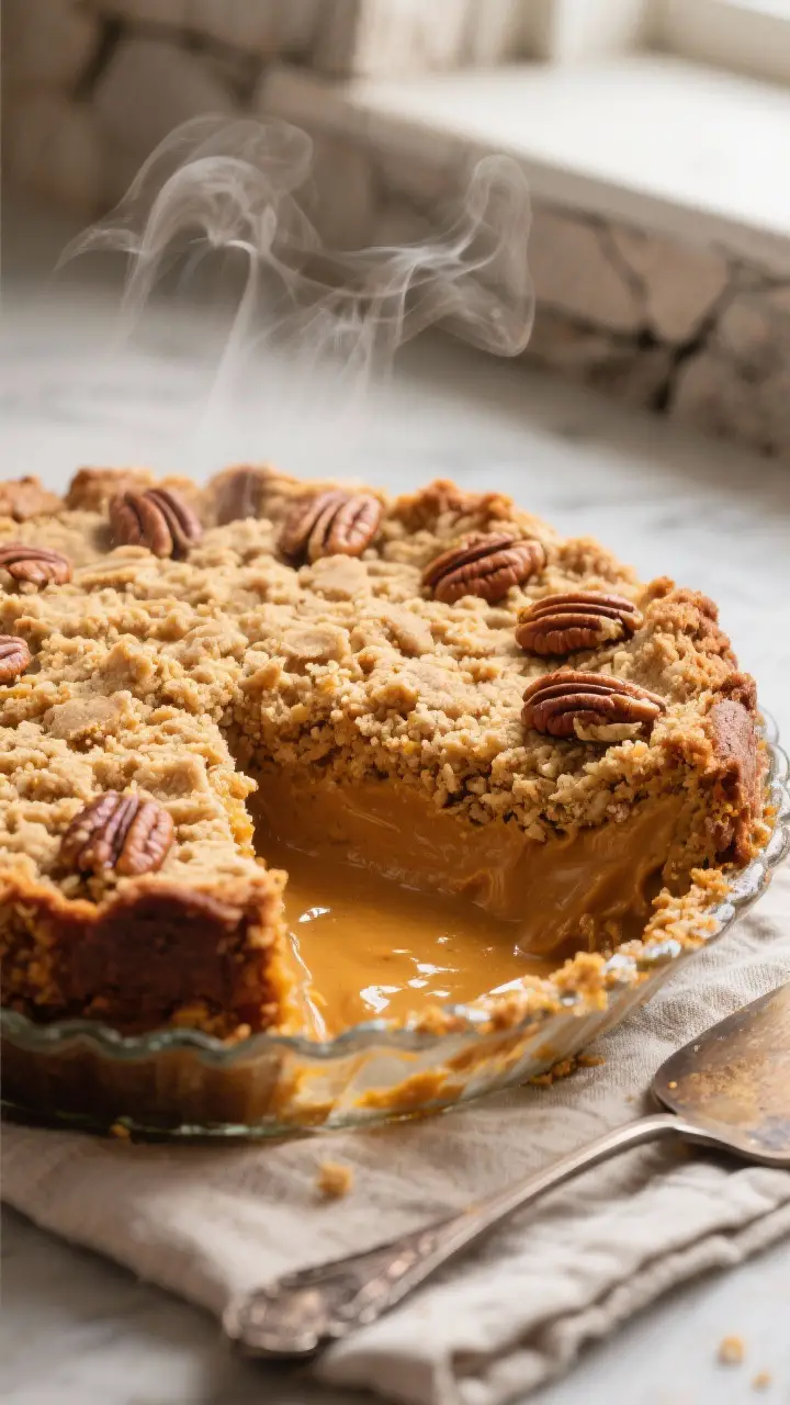 Close-up detail: Freshly baked Pumpkin Dump Cake just out of the oven, showing a crackly, golden-bro