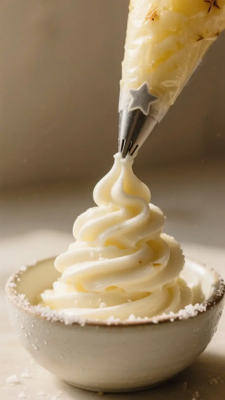 Close-up detail: Freshly blended dairy-free Dole Whip being piped into a bowl in tight soft-serve sw