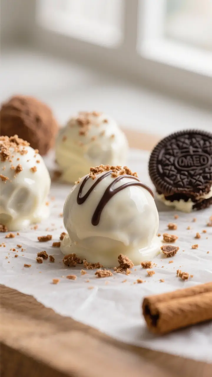 Close-up detail: Freshly dipped Gingerbread Oreo Cookie Balls resting on parchment, glossy white cho