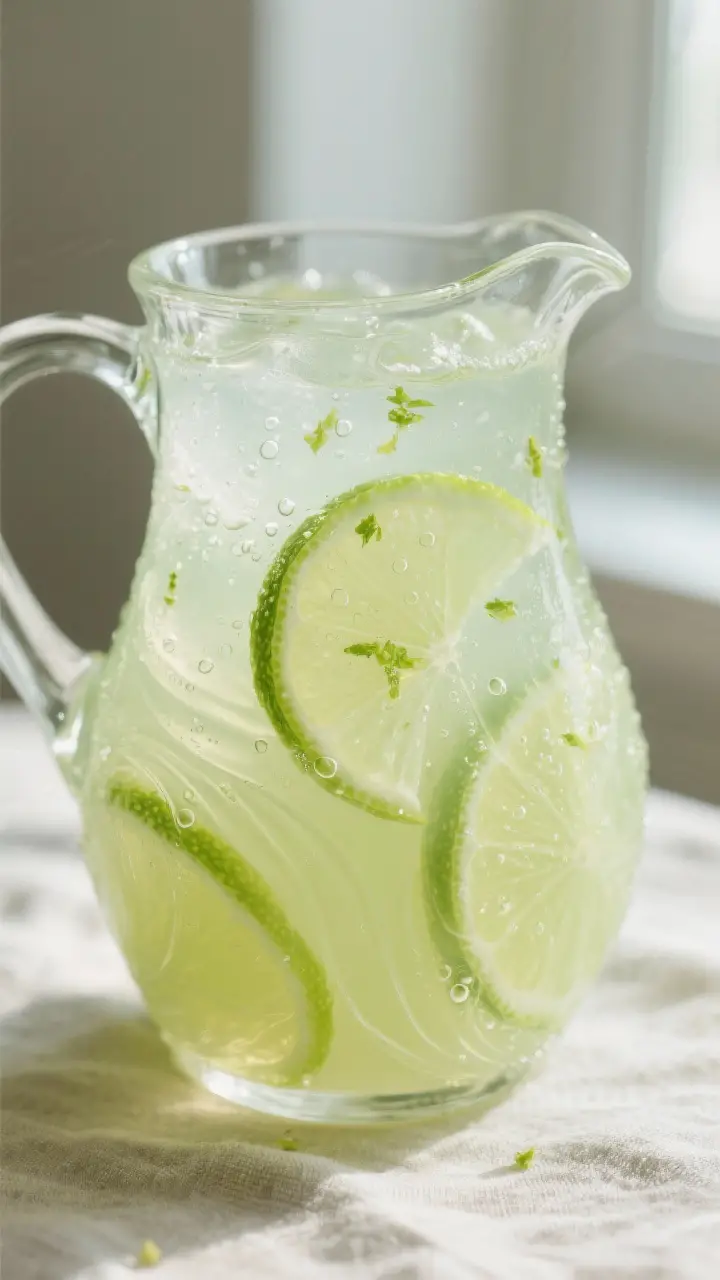 Close-up detail: Freshly mixed limeade base swirling in a clear glass pitcher, translucent pale-gree