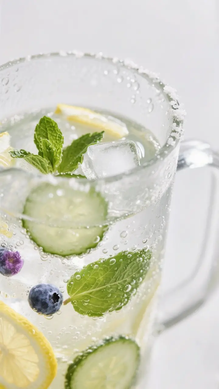 Close-up detail: Frosted glass pitcher fresh from the fridge, packed with crystal-clear ice cubes, t