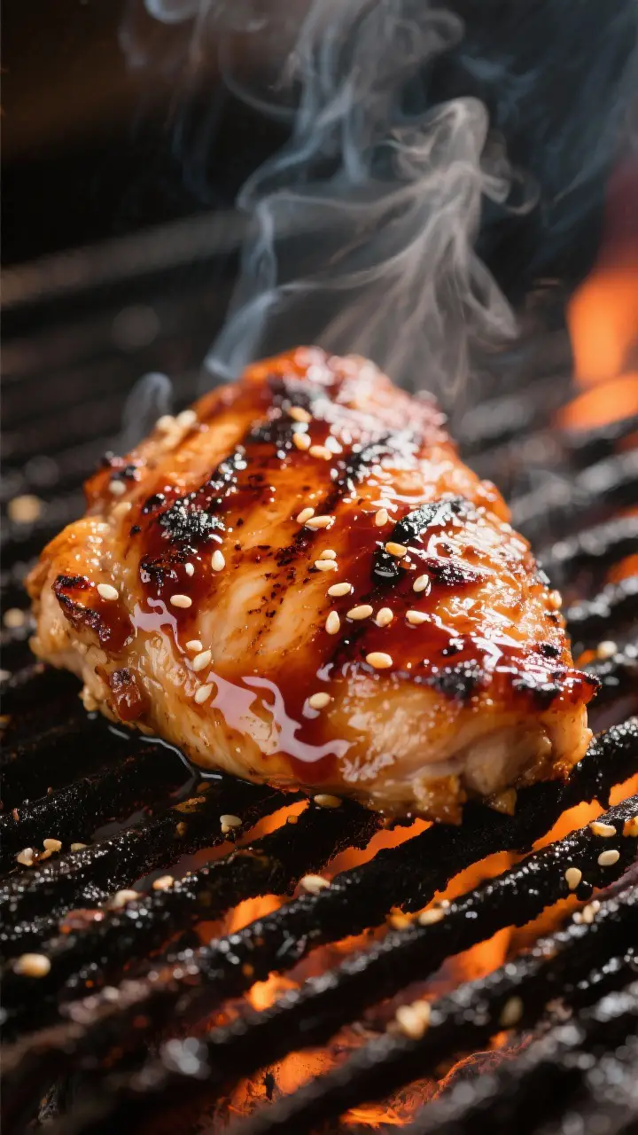 Close-up detail: Glazed grilled teriyaki chicken thigh on hot grates at medium-high heat, deep mahog