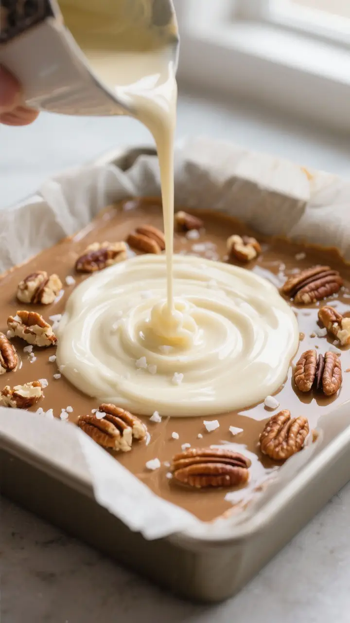 Close-up detail: Glossy butter pecan fudge being poured and smoothed into a parchment-lined 8x8 pan,