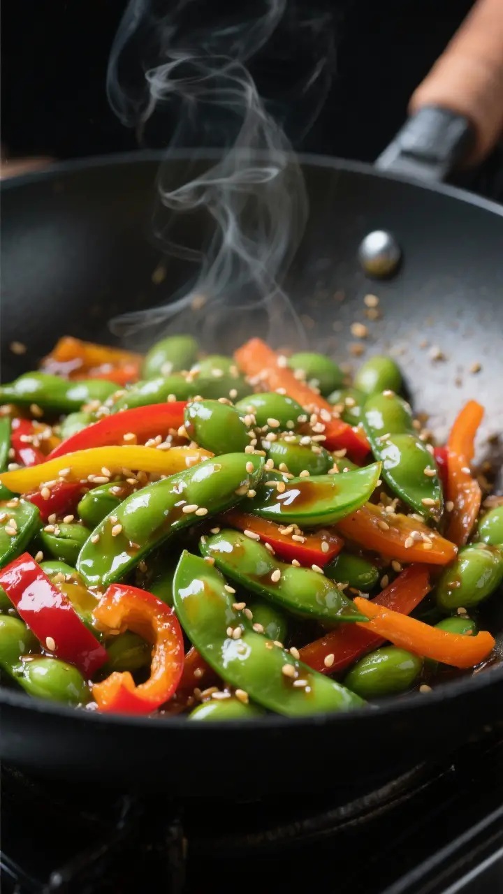 Close-up detail: Glossy edamame stir fry just after the sauce has thickened in the wok—vibrant gre