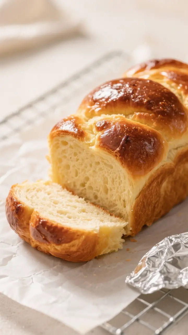 Close-up detail: Glossy, golden-brown brioche loaf just out of the oven with a deep, even egg-wash s
