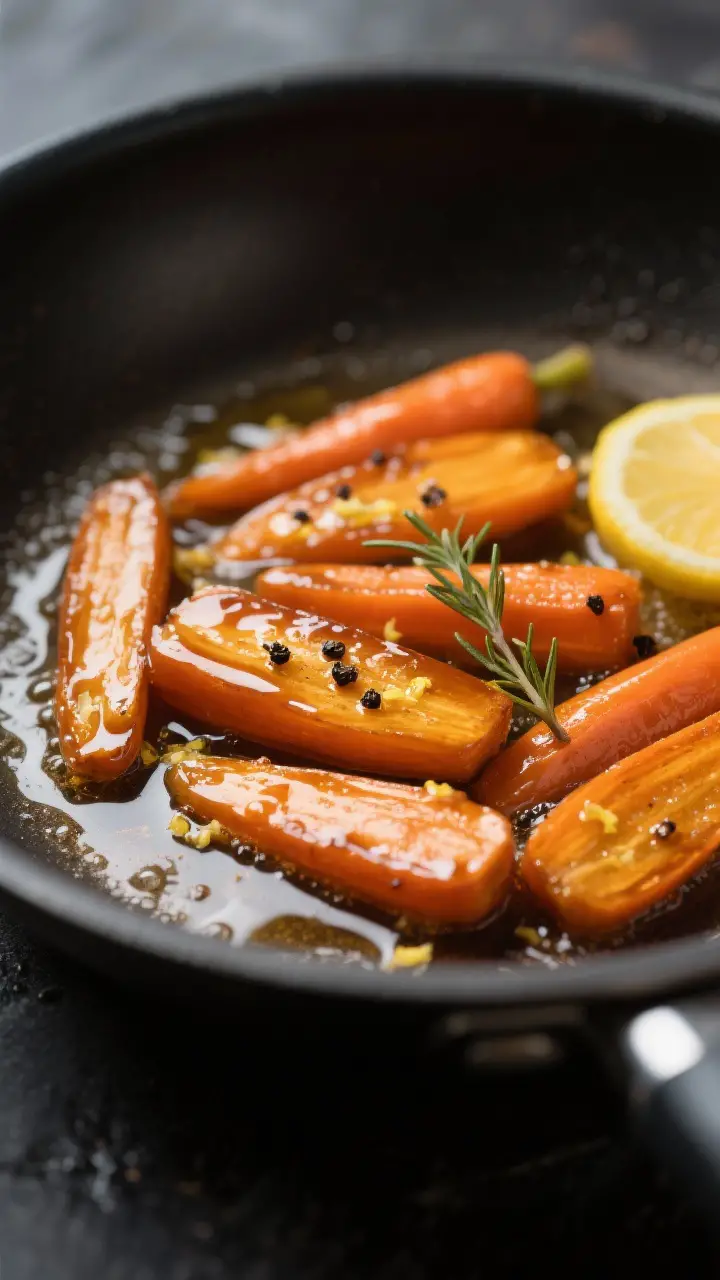 Close-up detail: Glossy honey-glazed carrot slices just after tossing in the pan, the glaze lightly 