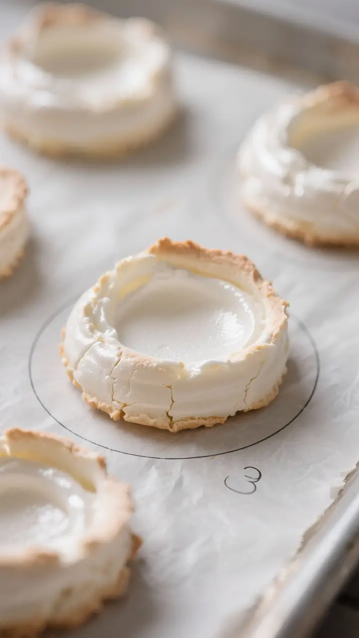 Close-up detail: Glossy mini pavlova shells just out of the oven, dry to the touch with crisp, pale 