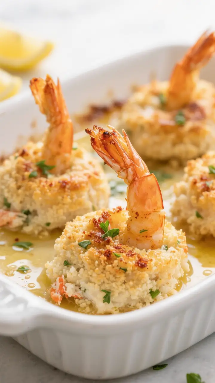 Close-up detail: Golden, baked stuffed shrimp just out of the oven, tails upright and peeking around