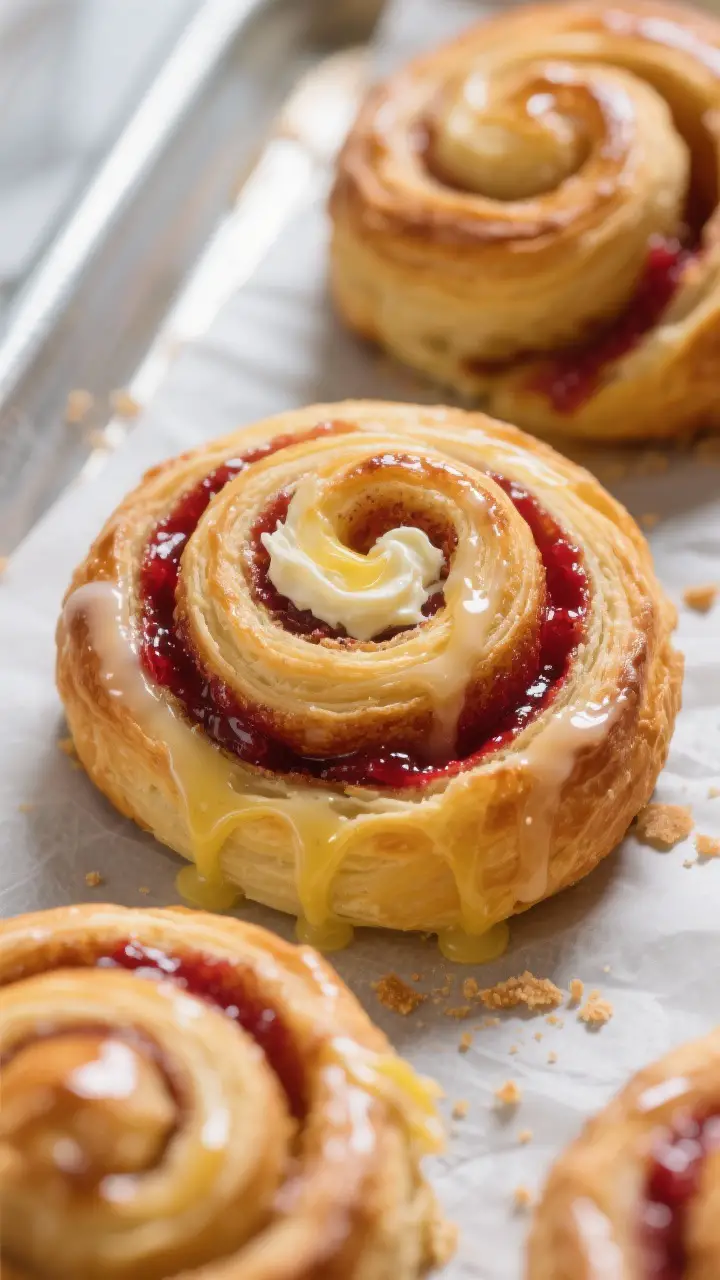 Close-up detail: Golden-brown Danish roll spirals just out of the oven, flaky laminated layers visib