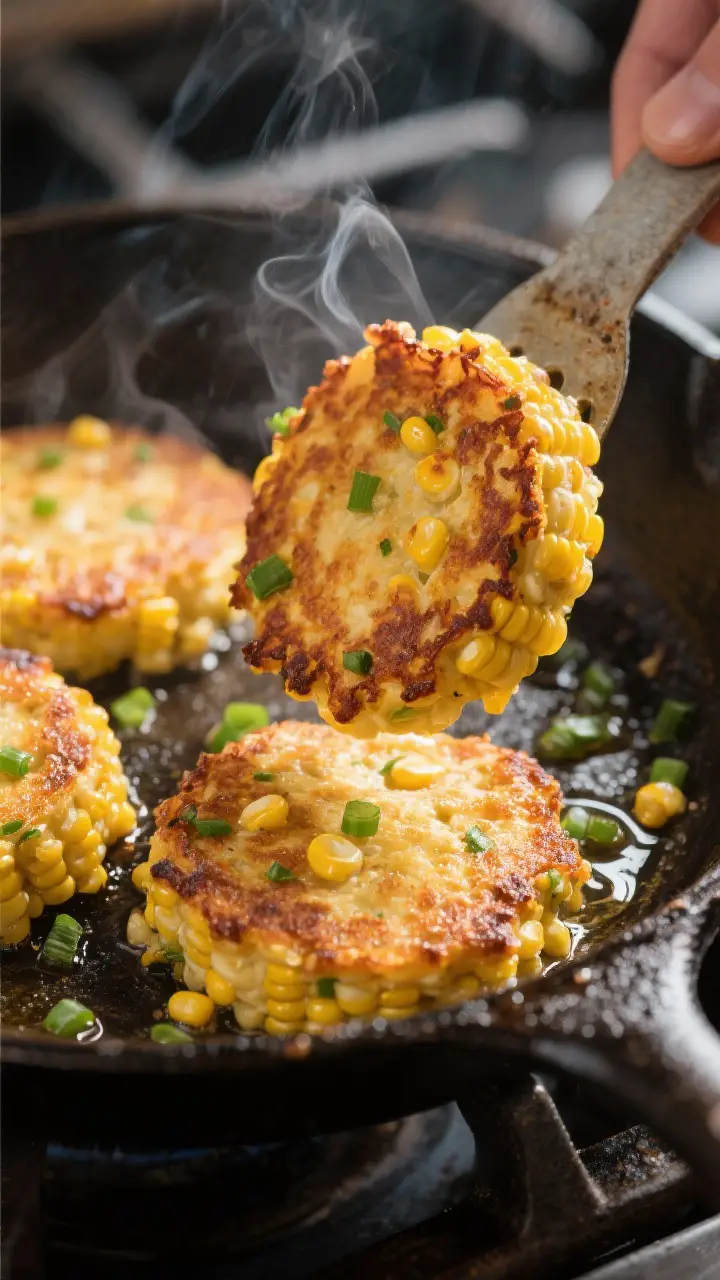Close-up detail: Golden-brown sweet corn tamale cakes sizzling in a cast-iron skillet during the fli