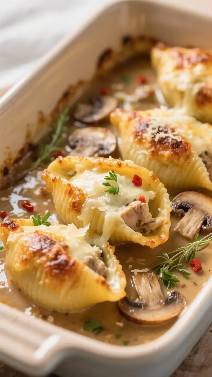 Close-up detail: Golden-browned Chicken Marsala stuffed shells fresh from the oven, edges caramelize