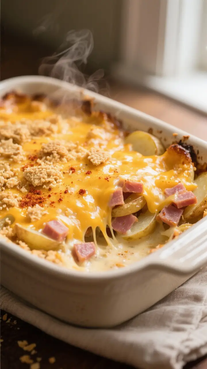 Close-up detail: Golden, bubbly Cheesy Ham Bake just out of the oven, showing crisped cheddar edges,