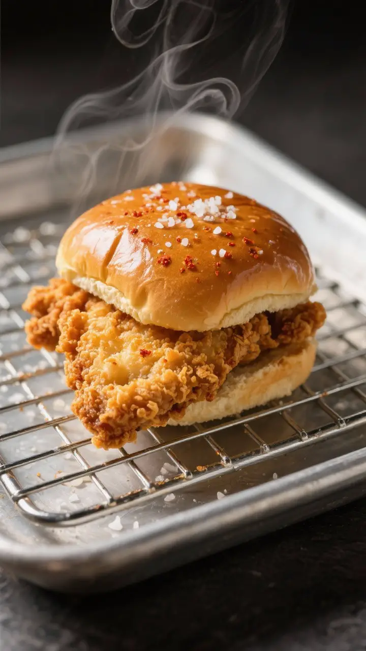 Close-up detail: Golden, crispy chicken slider piece just out of the fryer, resting on a wire rack o