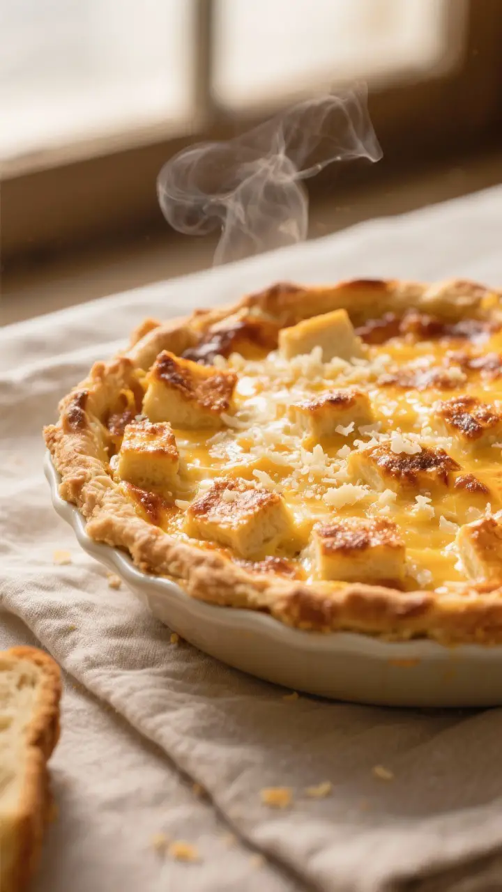 Close-up detail: Golden, freshly baked Grilled Cheese Sandwich Pie just out of the oven, showing a d