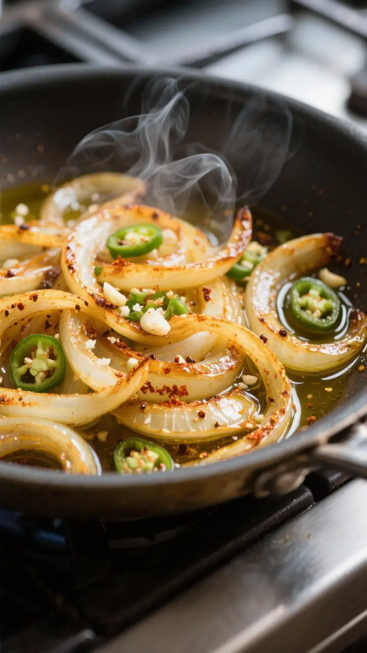 Close-up detail: Golden, lightly caramelized onion ribbons in a skillet with tiny flecks of jalapeñ