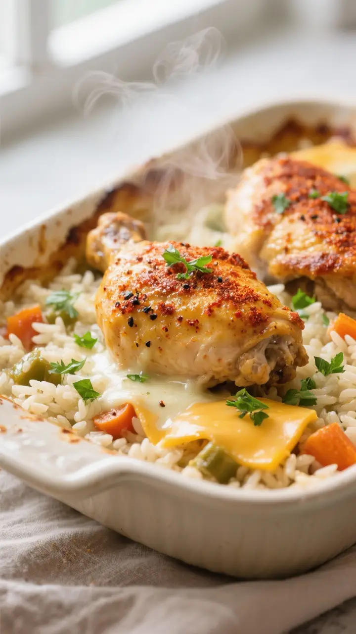 Close-up detail: Golden, paprika-dusted chicken thighs nestled over creamy baked rice and mixed vege