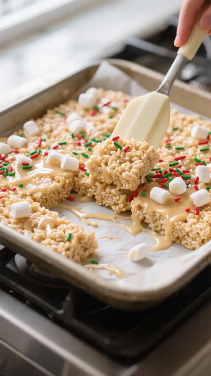 Close-up detail: Gooey Christmas Rice Krispie Treats being gently pressed into a parchment-lined 9x1