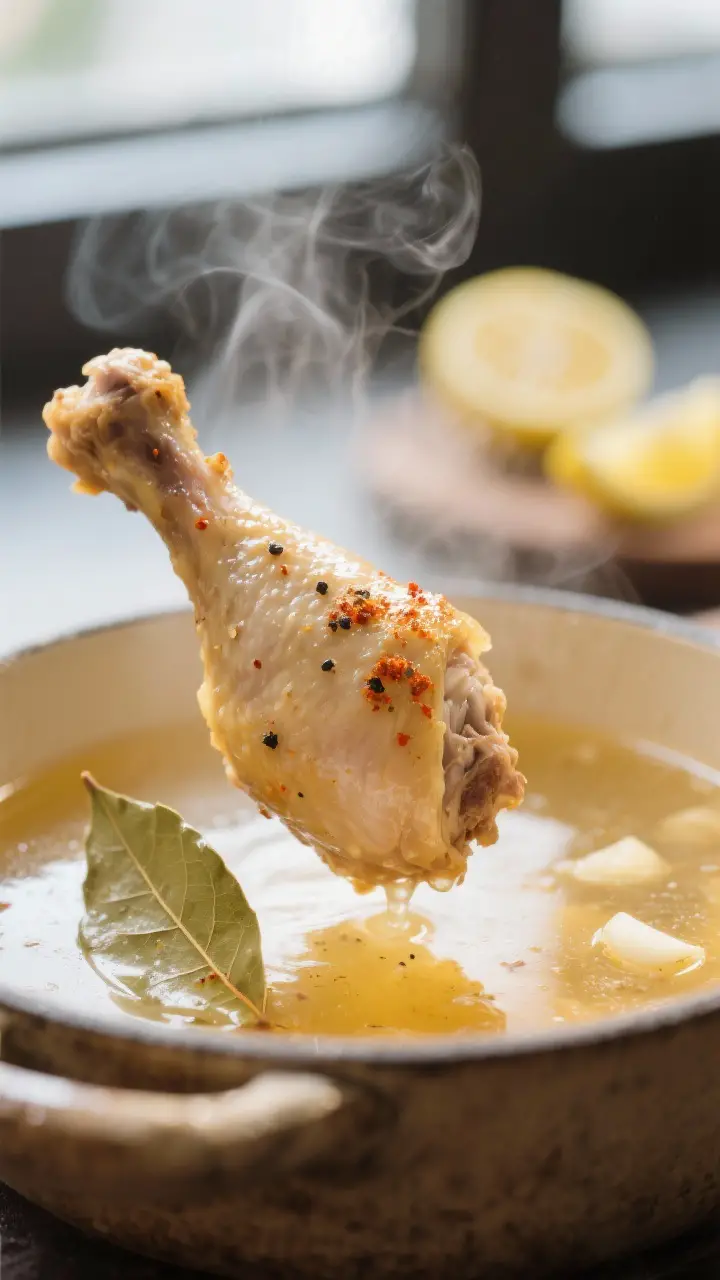 Close-up detail: Juicy boiled chicken drumstick just lifted from a clear golden broth, glistening sk