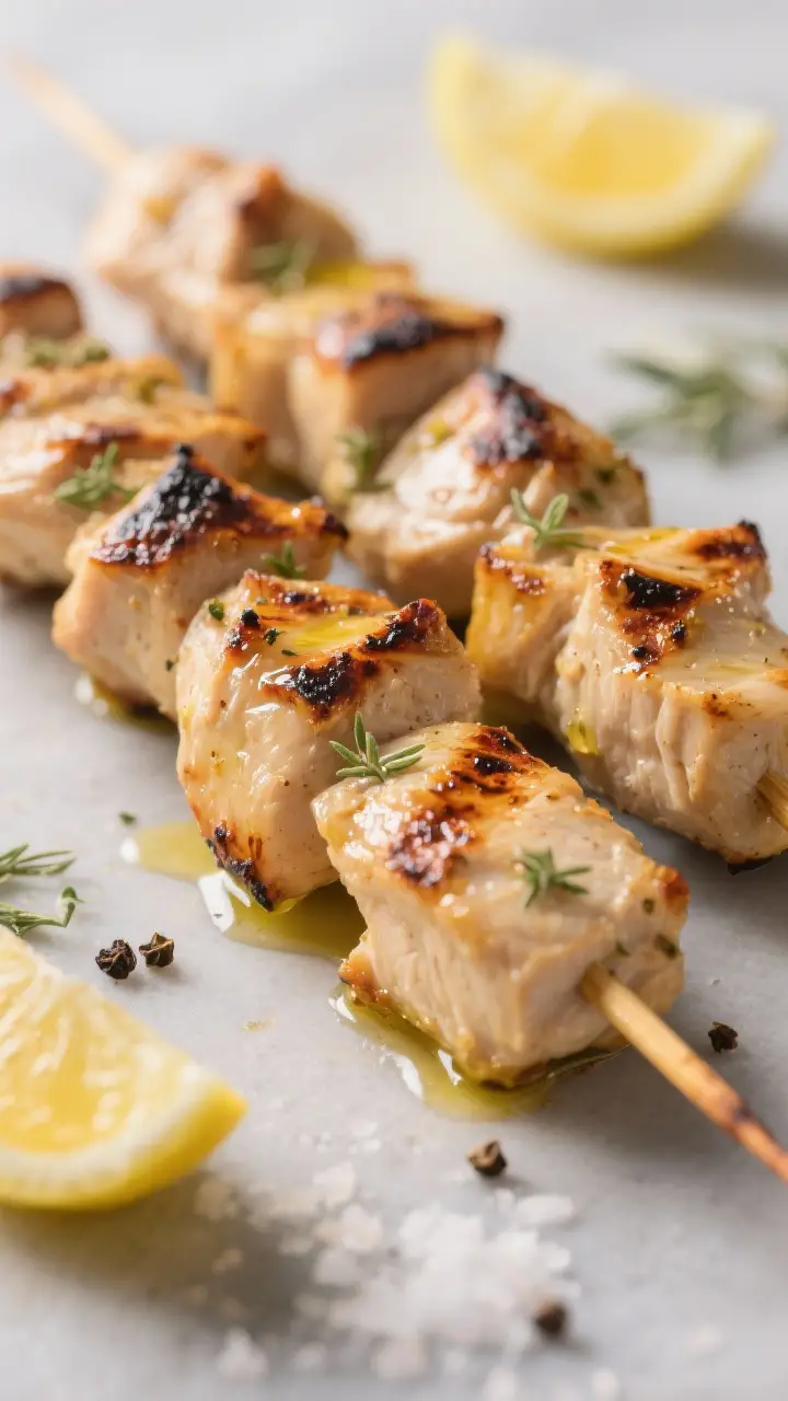 Close-up detail: Juicy chicken souvlaki skewers just off the grill, lightly charred edges glistening