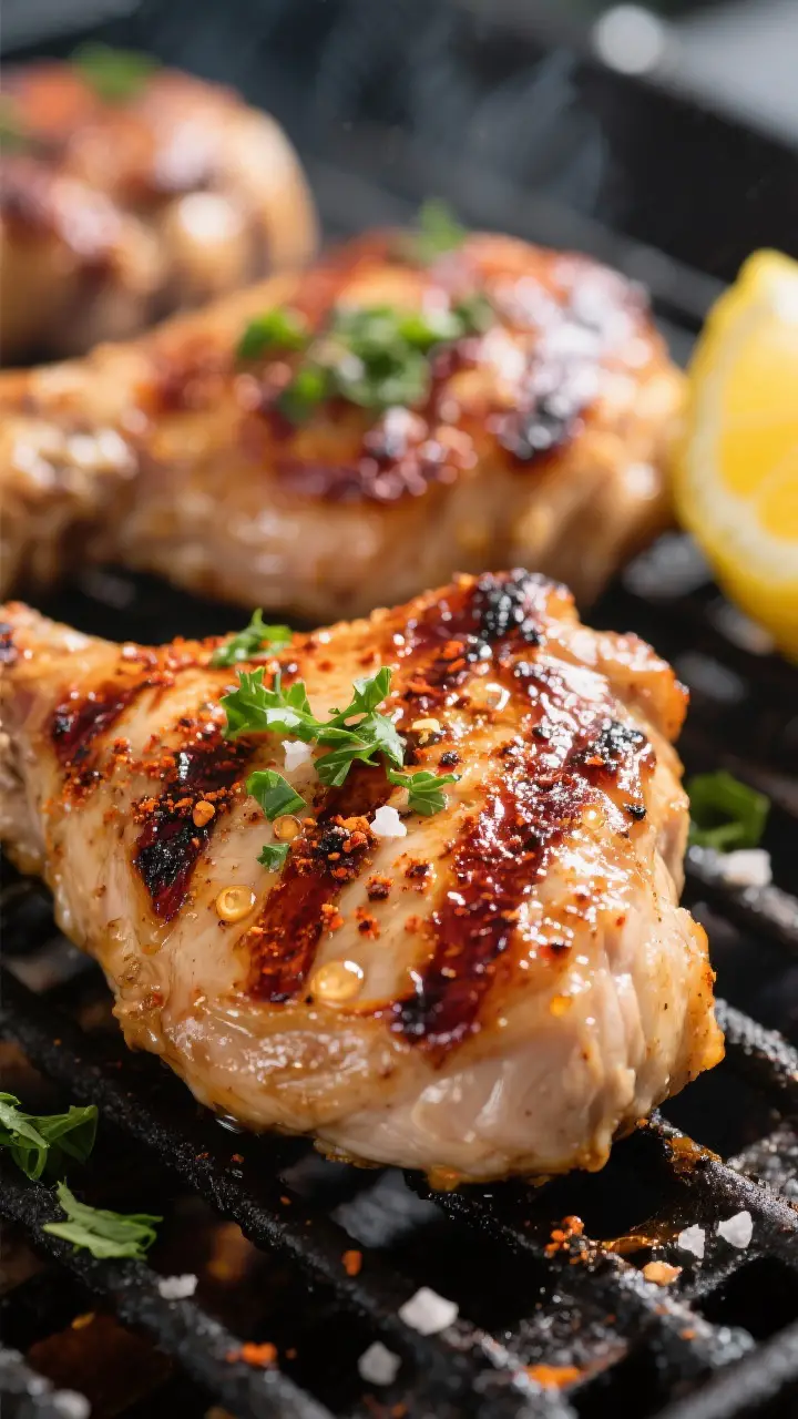 Close-up detail: Juicy grilled boneless chicken thighs just off the grill, deep mahogany sear marks 