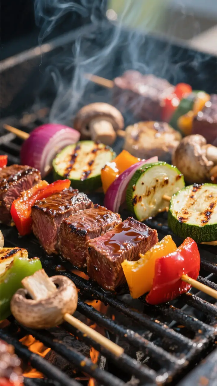 Close-up detail: Juicy grilled steak kabobs on the grill grates at medium-high heat, steak cubes wit