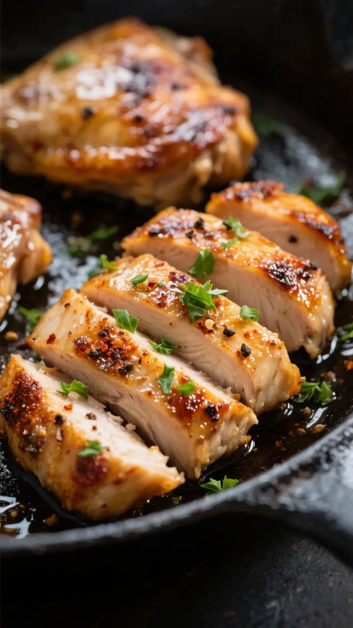 Close-up detail: Juicy pan-seared chicken thighs just off the skillet, golden-brown caramelized edge