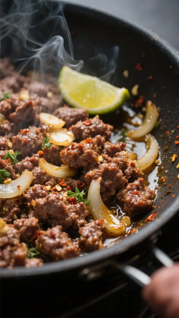 Close-up detail: Juicy seasoned ground beef sizzling in a skillet after browning, speckled with tran