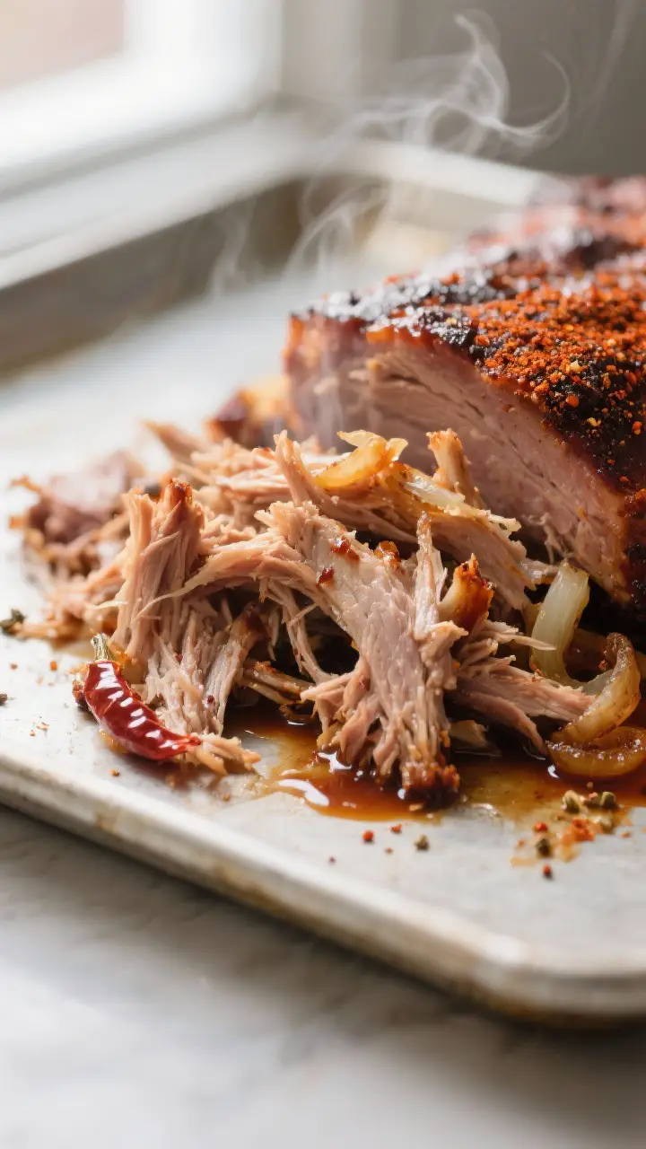 Close-up detail: Juicy shredded pulled pork just after shredding, glistening strands with visible ba