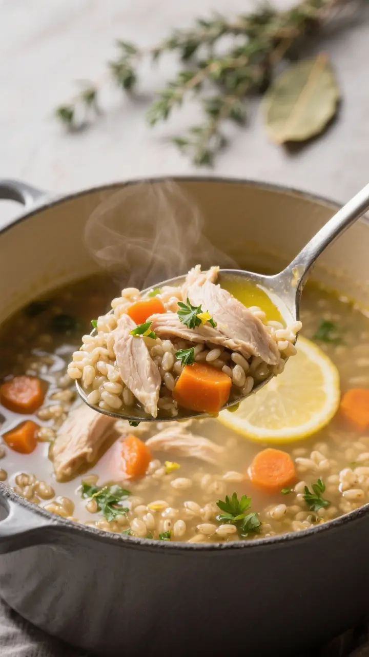 Close-up detail: Ladle lifting a scoop of finished Chicken Barley Soup from the pot, . Focus on the 