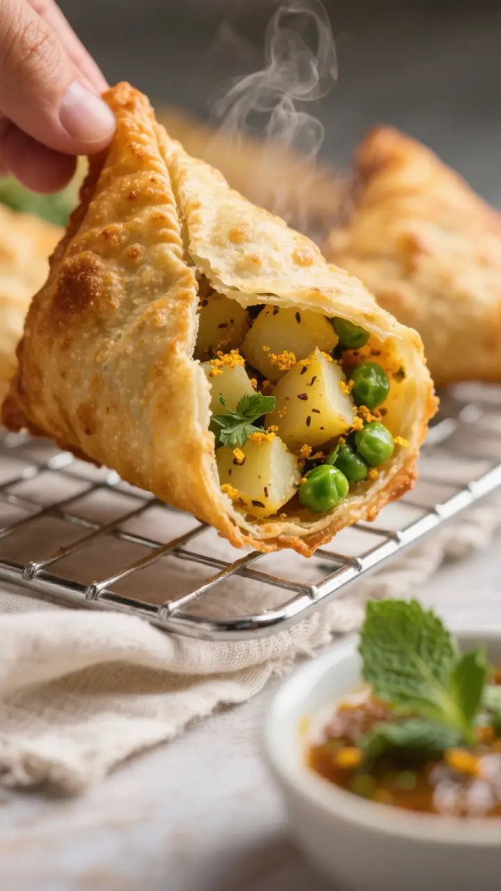 Close-up detail of a just-fried Indian vegetable samosa being lifted from a wire rack, blister-free
