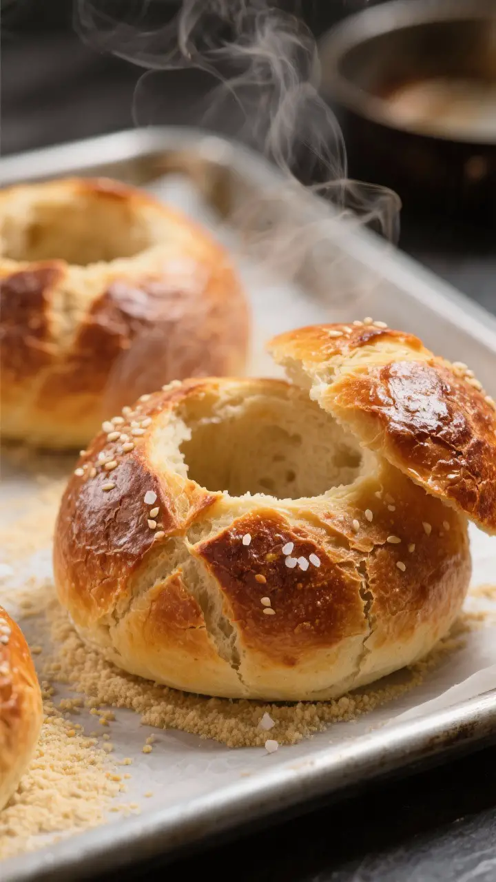 Close-up detail of freshly baked miniature boules for bread bowls just out of the oven: deep golden-