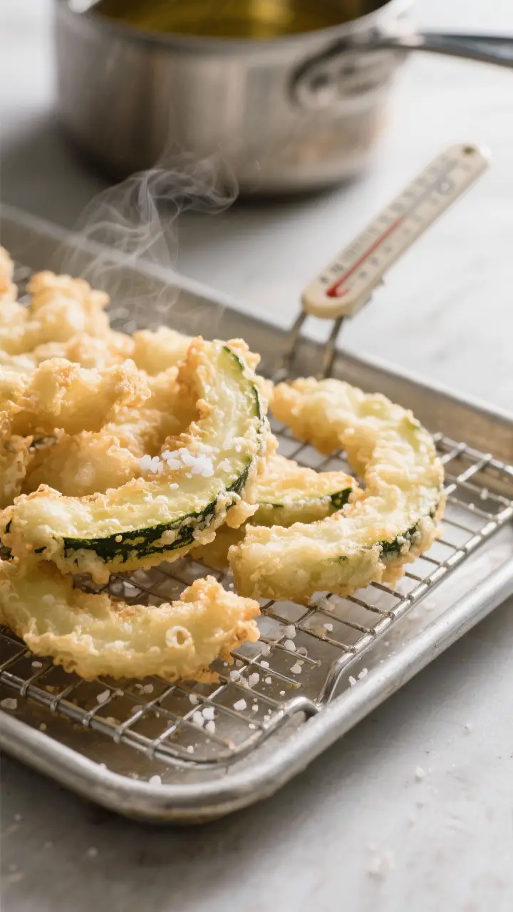 Close-up detail of freshly fried squash tempura draining on a wire rack over a sheet pan, pale golde