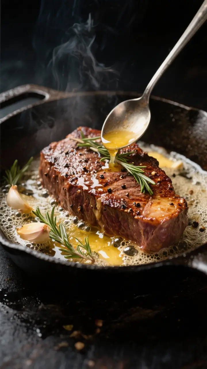 Close-up detail: Reverse-seared filet mignon in a ripping-hot cast-iron skillet, golden-brown crust