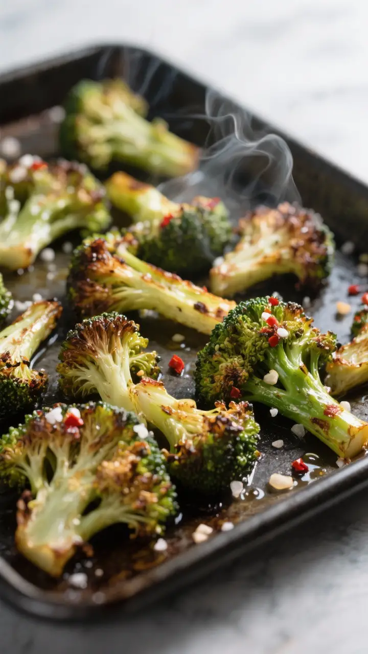Close-up detail: Roasted broccoli florets just out of the oven on a preheated dark sheet pan, showin
