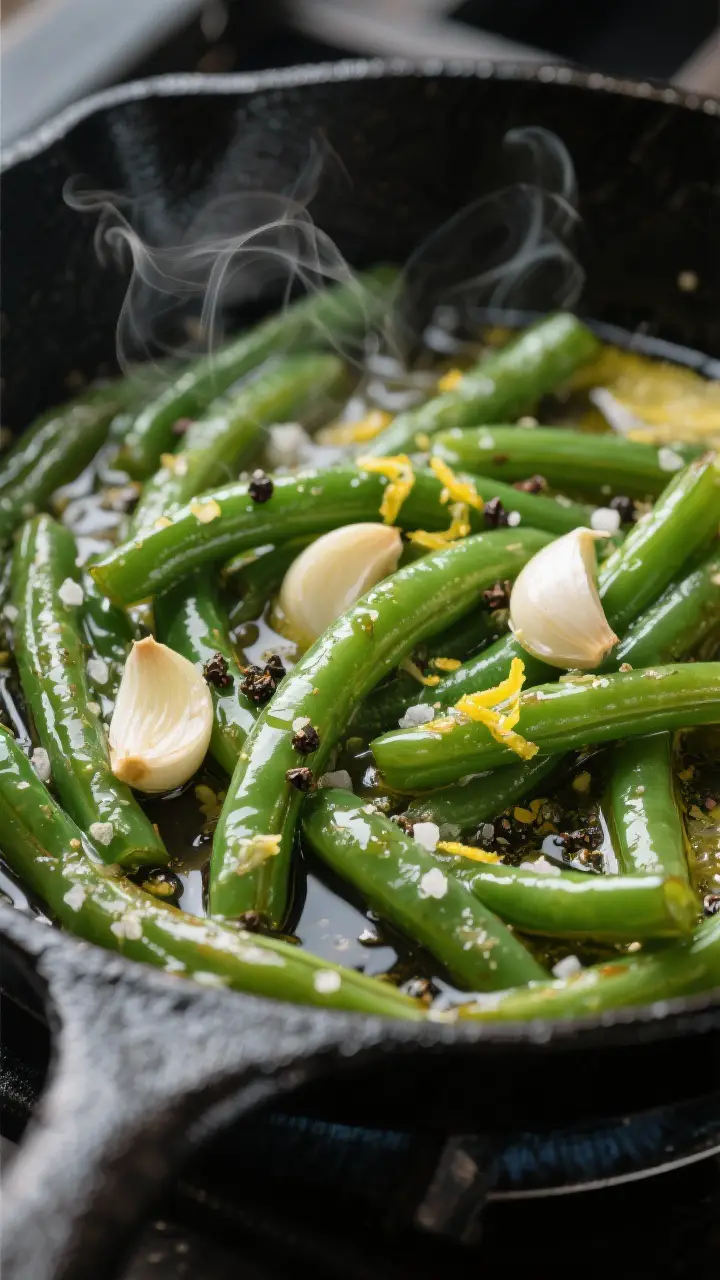 Close-up detail: Sautéed green beans glistening with melted butter and olive oil in a black skillet