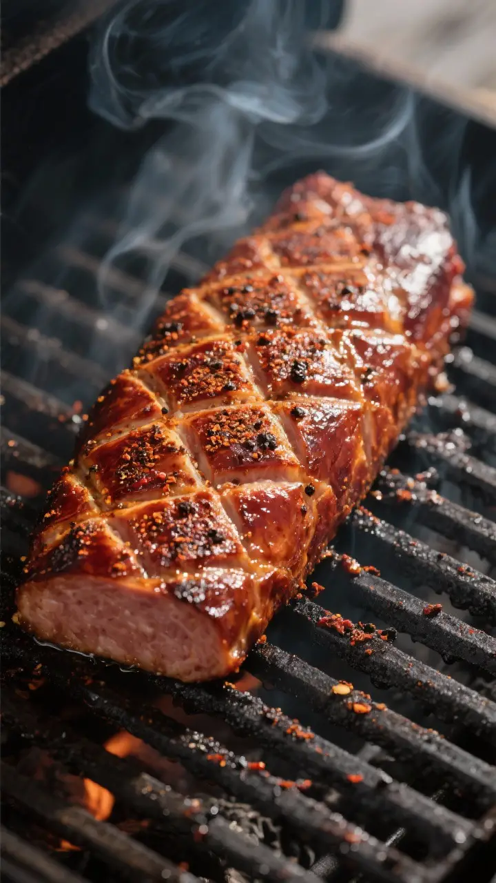 Close-up detail: Scored smoked bologna chub on the smoker grates at 225–250°F, mid-cook, with a m