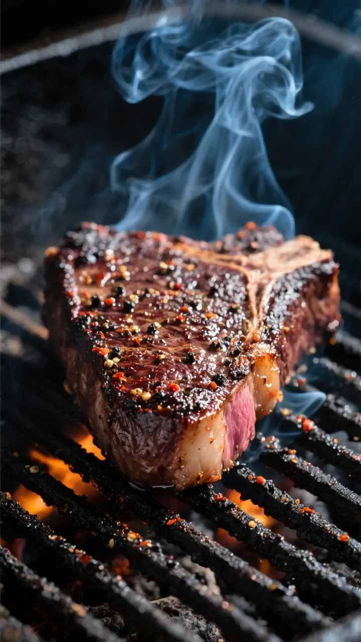 Close-up detail: Searing a smoked tri tip over high heat, tight macro of the dark, peppery bark crac