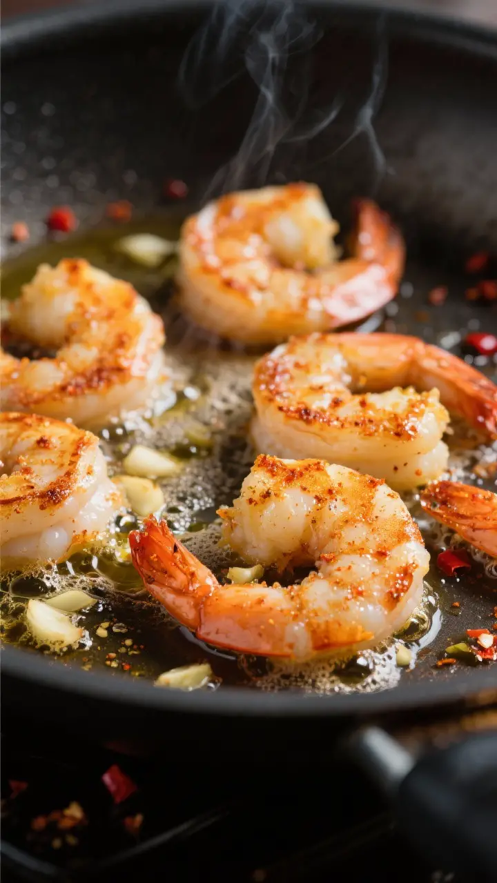 Close-up detail: Searing Hawaiian Garlic Shrimp in a skillet, first batch just flipped—lightly gol