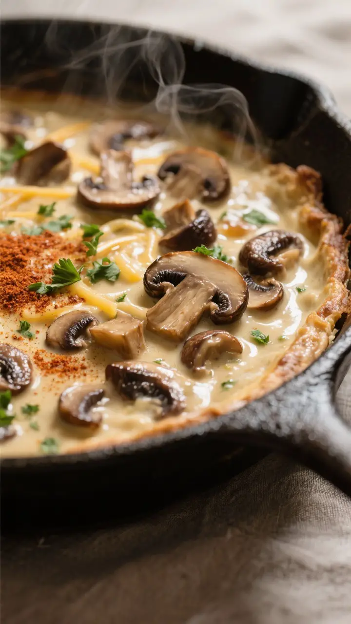 Close-up detail shot: A bubbling, creamy mushroom filling in a 12-inch oven-safe skillet just before