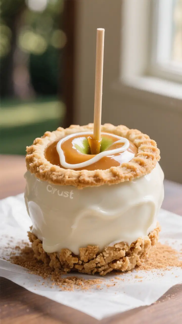 Close-up detail shot: A finished Disney-style apple pie caramel apple held upright on parchment, sho