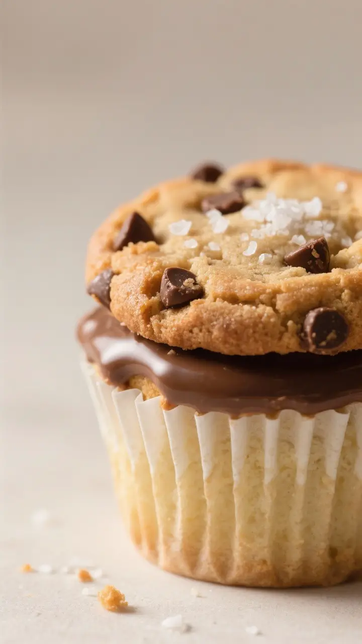 Close-up detail shot: A freshly baked Cookie Cap Cake just out of the muffin liner, the crisp golden