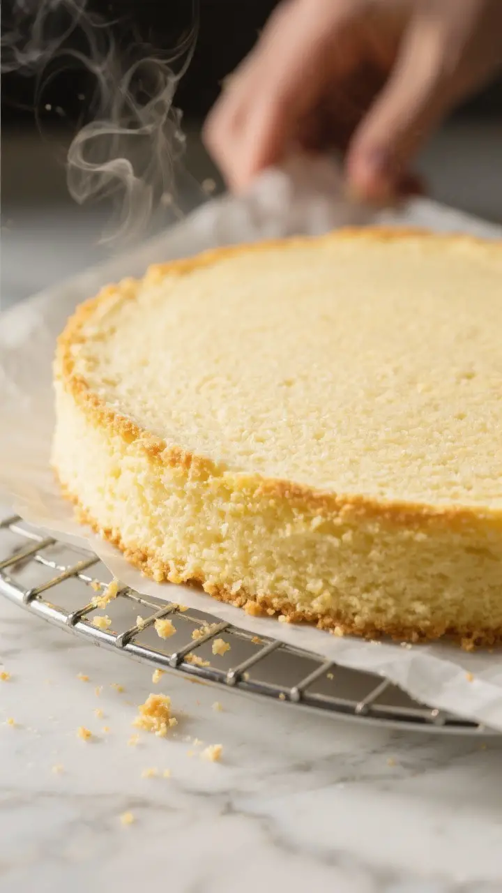 Close-up detail shot: A freshly baked lemon velvet cake layer just turned out onto a wire rack, gold