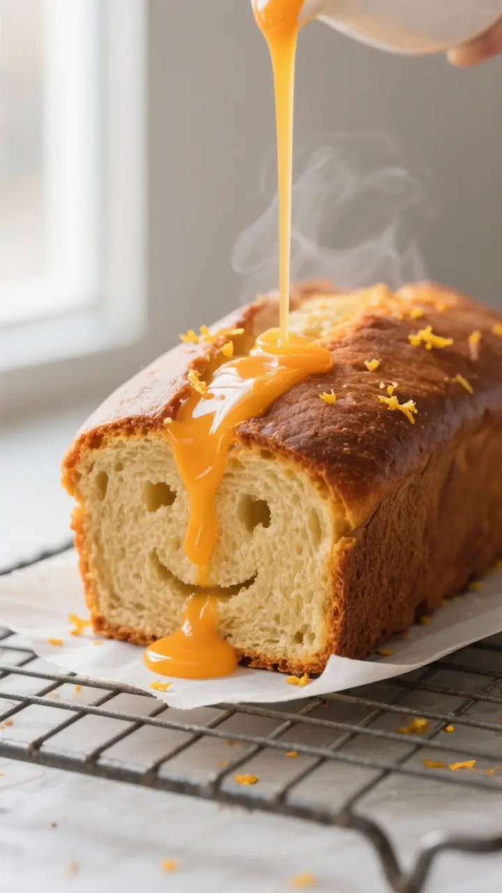 Close-up detail shot: A freshly baked loaf of Funny Face Orange Bread cooling on a wire rack, golden