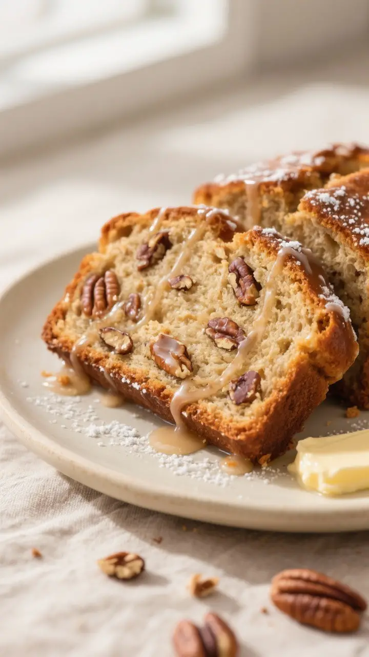 Close-up detail shot: A freshly baked pecan breakfast bread slice, still warm, with a tender, moist