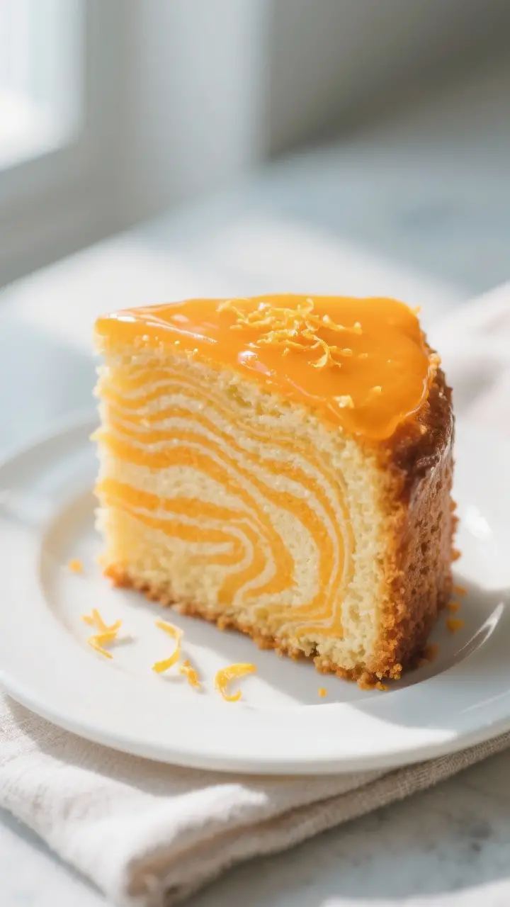 Close-up detail shot: A freshly sliced piece of Orange Juice Ripplecake on a small white dessert pla